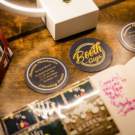 Round Booth Gigs business cards reading Premium Photobooths, Kevin & Marvin, Elevating Events