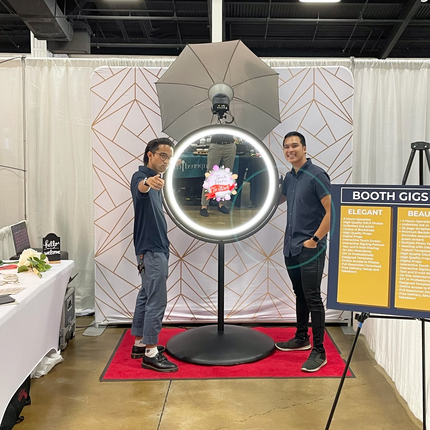 The Booth Gigs mirror booth at the CA Bridal & Wedding Expo with the package board