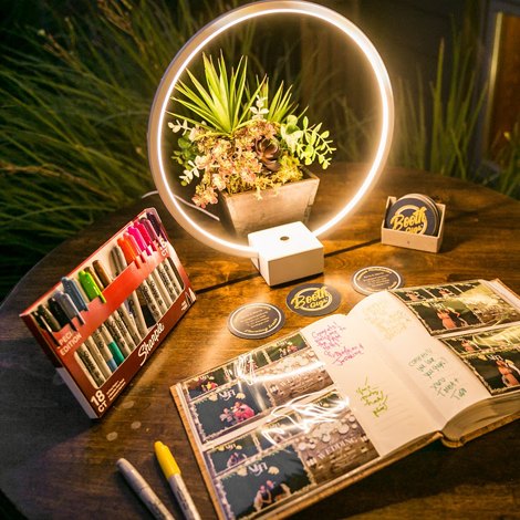 The guest scrapbook with pasted prints, markers and a ring lamp